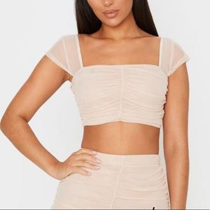 Nude Mesh Ruched Front Crop Top PrettyLittleThing